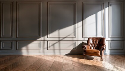 Leather chair in empty studio against classic wall panels. Room mockup with luxury modern design. Minimalistic space with window shadow overlay on floor. luxury apartment comfortable suite lounge