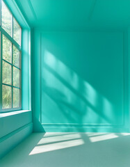 Wall Mural - abstract turquoise studio background for product presentation. empty blue room with shadows of windo