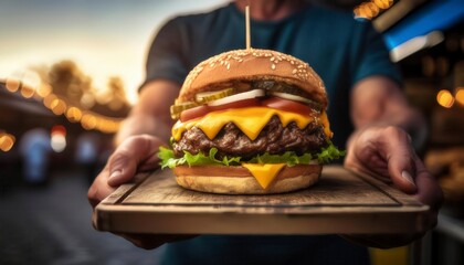 Unrecognizable young man holding in hands fast burger on blurred background. Generated image