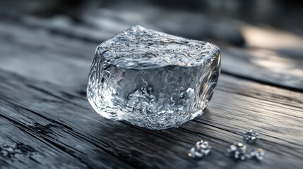 Wall Mural - a glass object partially covered in ice drifts across a wooden surface