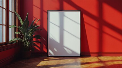 Wall Mural - A large blank white poster frame leaning against the wall of an empty room with wooden floor