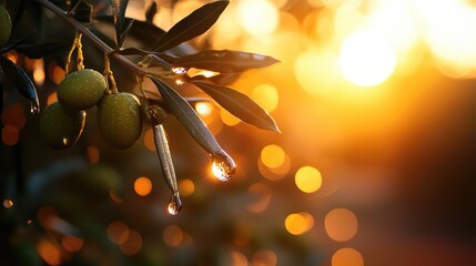 close up of olives with dewdrops on an olive tree branch during sunset