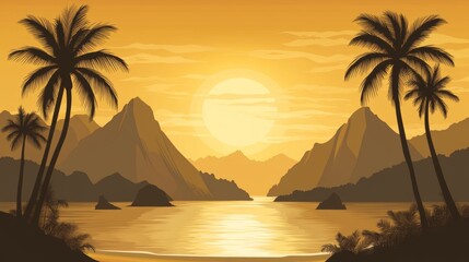 Desktop wallpaper of ocean sunset and palm tree silhouettes in summer evening created with ai