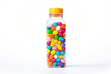 A clear plastic bottle filled with colorful candies