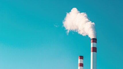 Industrial smokestacks emit white smoke into a clear blue sky representing pollution and the impact of manufacturing processes