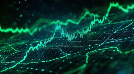 Dynamic financial data visualization with glowing green graphs and charts on a dark background.