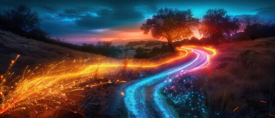 Wall Mural - Enchanted Pathway Through Vibrant Nature at Dusk