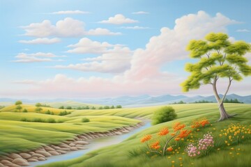 Poster - Landscape of summer painting grassland outdoors.