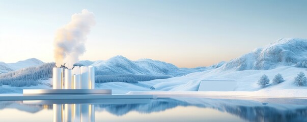 Industrial complex with steam rising in snowy mountains