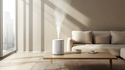 A sleek, modern air humidifier placed on a wooden table in a minimalist living room, with visible mist rising into the air.