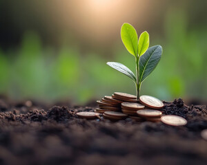 A young plant grows from pile of coins, symbolizing connection between financial growth and sustainability. This image captures essence of nurturing investments for greener future