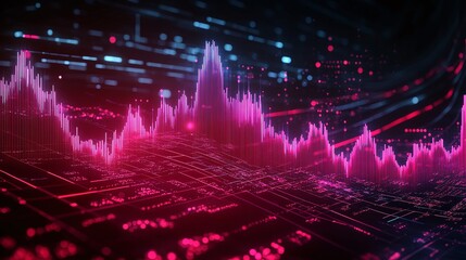 Wall Mural - Futuristic data visualization with vibrant pink waveforms representing analytics and technology trends.