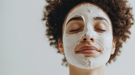 A beautician carefully applying a nutrition face mask on a young woman's face, client relaxing with eyes closed, enjoying skincare treatment, isolate on white background