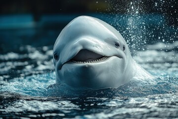 A white dolphin with a friendly smile surfaces from the water, with a splash of water behind it.