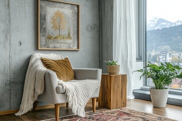 Canvas Print - Poster mockup with rectangular frame on concrete wall in the living room of a baby room, with modern boho furniture and with baby cot, Scandinavian style interior.