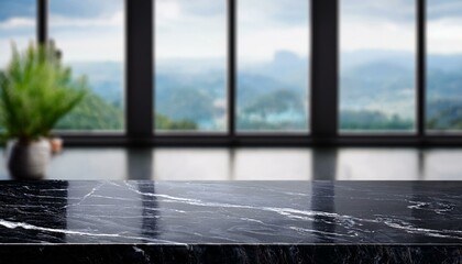 Wall Mural - Black marble tabletop on panoramic window background. Stone countertop for luxury beauty products and food presentation. view from the window. window in the city