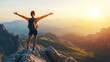 © chutikan - Female achiever standing on top of a mountain, arms open in celebration of success and self-development, sunrise in the background, isolate on white background