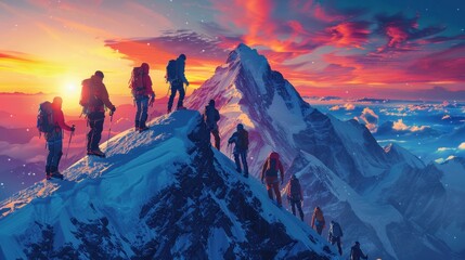 A group of climbers climbs a snow-covered mountain at sunset. The concept of winter travel and adventure