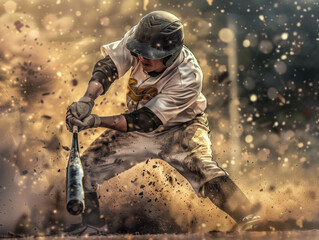 Wall Mural - A baseball player in mid-swing hits the ball, surrounded by a burst of dirt and dynamic lighting, showcasing intense action