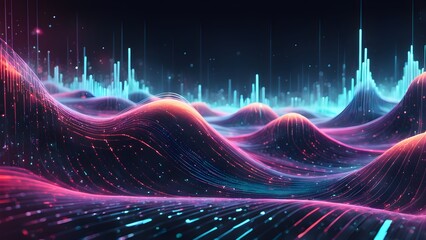 Wall Mural - Abstract digital landscape with glowing lines and particles in pink, blue and purple colors.