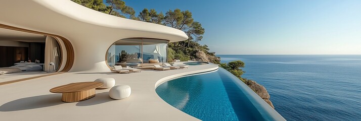 A large, white modern mansion with circular shapes and terraces overlooking the sea