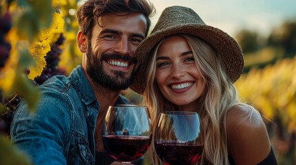 Romantic cheerful couple enjoying a glass of wine in a vineyard after harvesting grapes