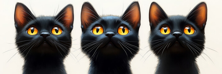 Sticker - Three black kittens with bright yellow eyes stare up.