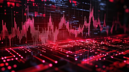 Futuristic digital waveform visualization in red, representing technology and data analysis on dark background.