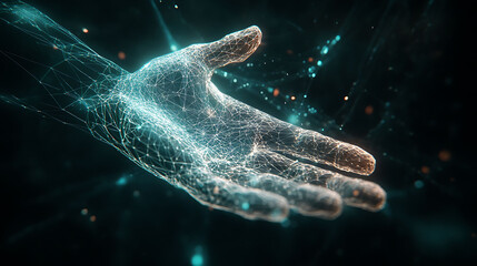 Wall Mural - A digital hand made of glowing lines and particles, reaching out with an open palm.