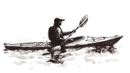 Wall Mural - Sketch line drawing of a man kayaking in water