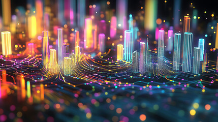 Wall Mural - Abstract digital cityscape with glowing lines and colorful buildings.