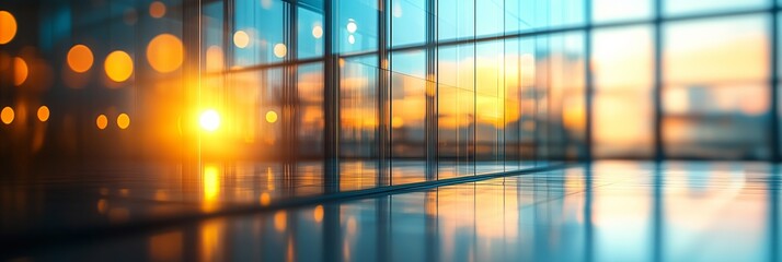 Sticker - Beautiful blurred background of glass and metal walls in the interior of an office building with sunlight