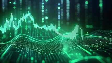 Vibrant green data visualization with wave patterns and digital binary code, representing analytics and technology trends.