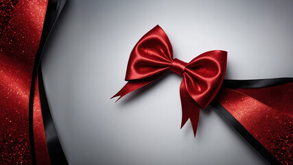 Red satin bow with black ribbon on sparkling red fabric background over smooth grey gradient.