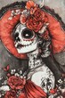 © ArtistiKa - Portrait of a woman with Day of the Dead makeup and large red hat, featuring floral decorations and elaborate designs.