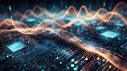Abstract digital technology background with glowing lines and circuits.