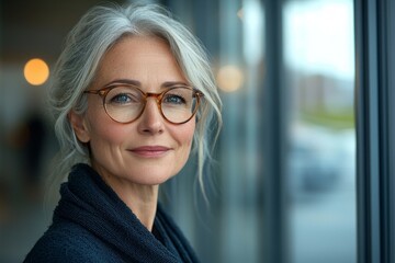 An elderly woman is wearing glasses while looking out, has gray hair, and is in an office setting