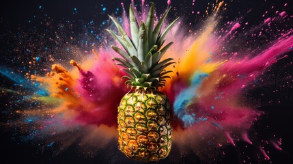 Colored powder exploding out of a pineapple on dark background. Neural network ai generated art