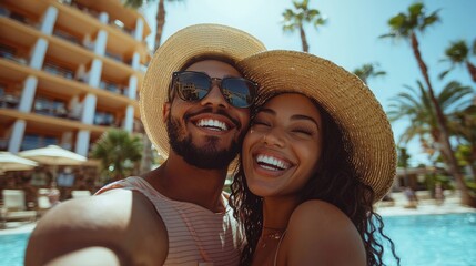 Photo of a young couple enjoying some time outside on vacation, handsome boyfriend and beautiful girlfriend posing for a selfie