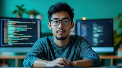 portrait of a focused asian software developer coding intently on a cool, mint green background with