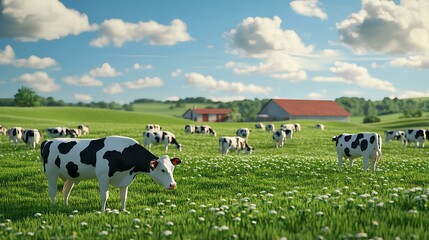 A serene pastoral scene featuring cows grazing on a lush green field, with a farmhouse and blue sky in the background.