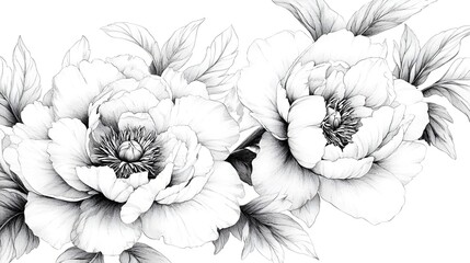 Elegant Monochrome Floral Blooms with Delicate Petals and Botanical Foliage