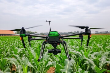 A farmer using a drone for precision agriculture, powered by green technology to reduce carbon emissions