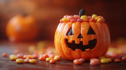 Sticker - A jack-o'-lantern filled with candy is ready for trick-or-treaters.