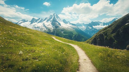 A mountain trail winding through alpine meadows, with snow-capped peaks in the background and space for text.