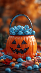 Wall Mural - A jack-o'-lantern trick-or-treat bucket filled with blue candy