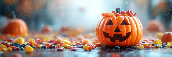 Wall Mural - A jack-o'-lantern sits amongst a scattering of colorful candy.