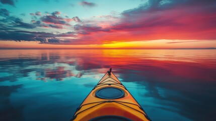 Wall Mural - Kayak boat in tropical sea water with colorful reflections at sunset