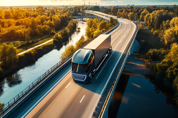 Autonomous futuristic  truck on the road, an Autonomous truck with artificial intelligence, drives over a bridge over the river Cargo delivery, transportation of the future. 