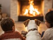 © AucArtStudio - Two children and a dog enjoying a cozy moment by the fireplace.